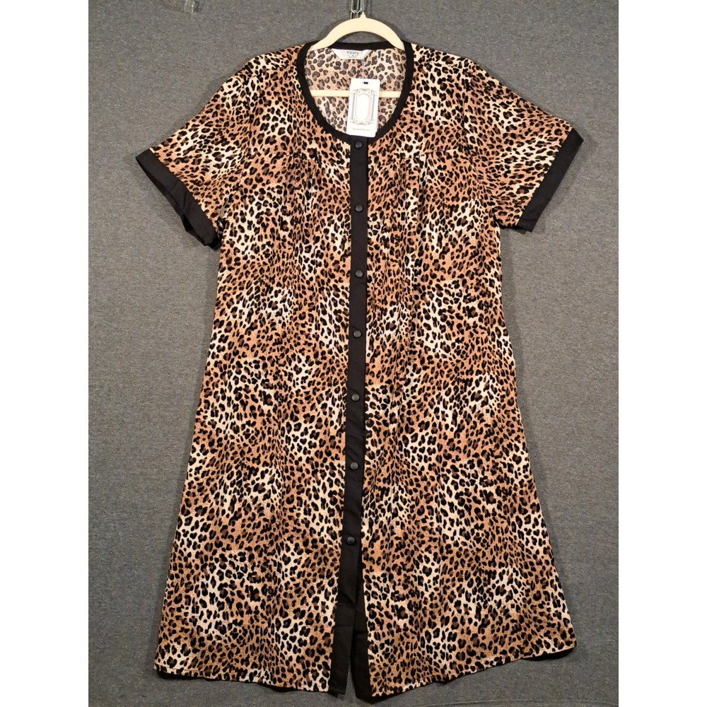 Yozly Womens Leopard Print Snap Front Short Sleeve House Dress Duster Brown M